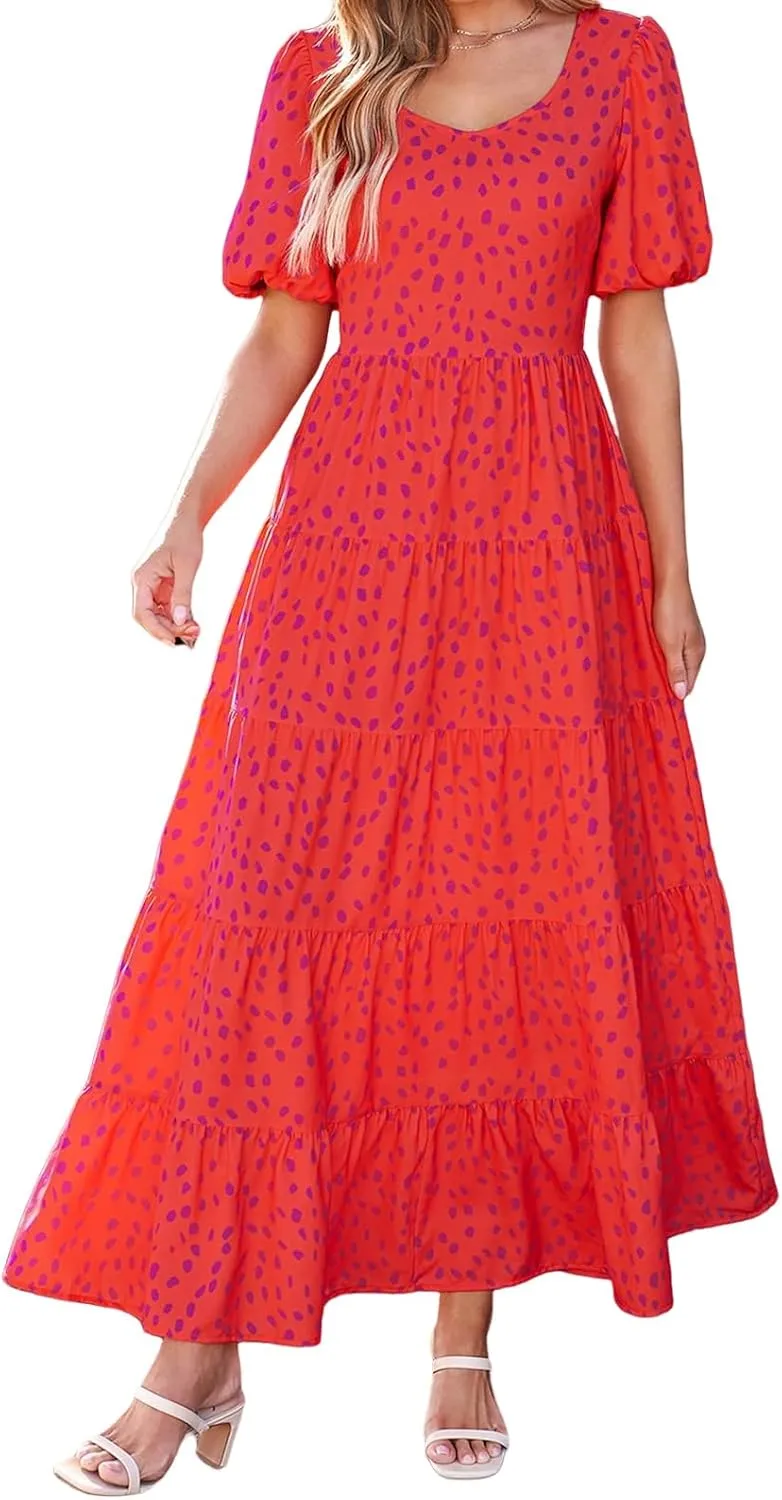Dresses for Women Sundress Puff Short Sleeve Crewneck Dress Boho Floral Sundress Beach Vacation Dresses Summer 2025