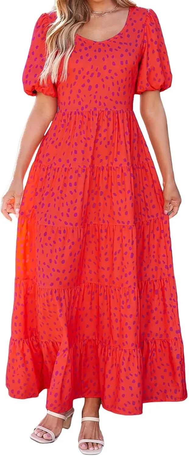 Dresses for Women Sundress Puff Short Sleeve Crewneck Dress Boho Floral Sundress Beach Vacation Dresses Summer 2025