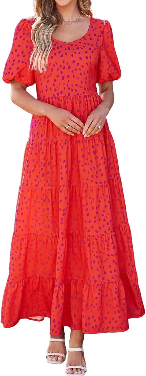 Dresses for Women Sundress Puff Short Sleeve Crewneck Dress Boho Floral Sundress Beach Vacation Dresses Summer 2025