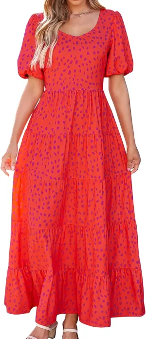 Dresses for Women Sundress Puff Short Sleeve Crewneck Dress Boho Floral Sundress Beach Vacation Dresses Summer 2025