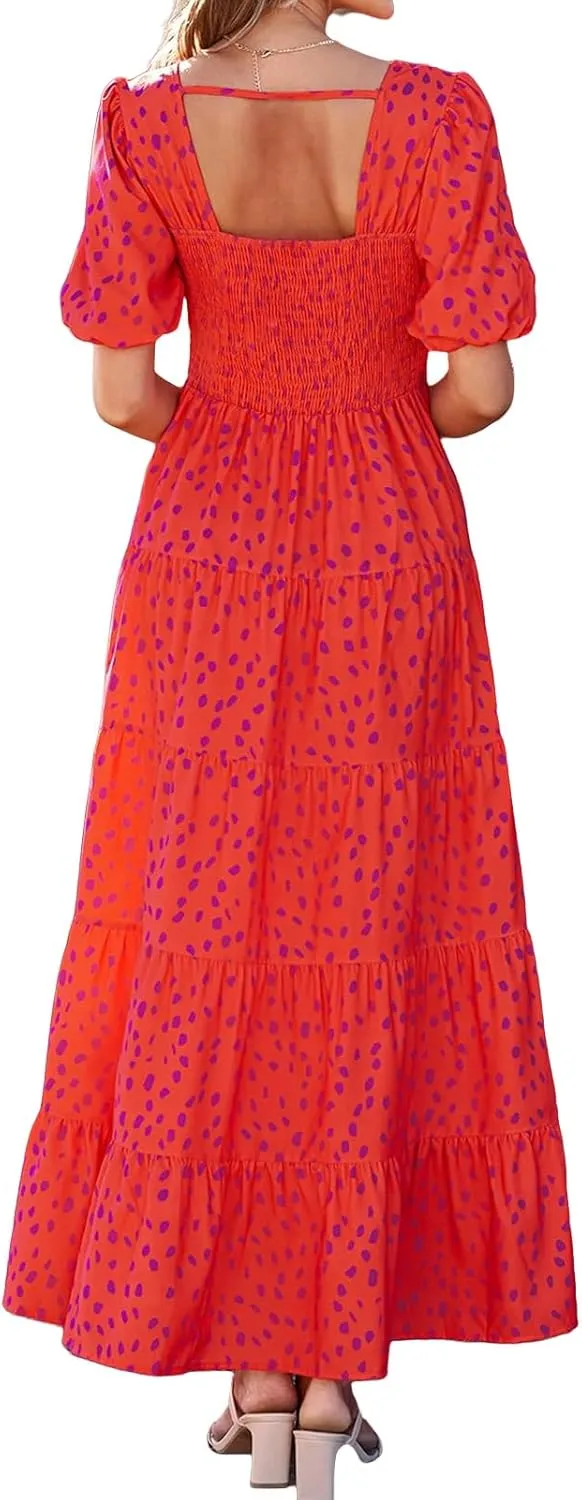 Dresses for Women Sundress Puff Short Sleeve Crewneck Dress Boho Floral Sundress Beach Vacation Dresses Summer 2025