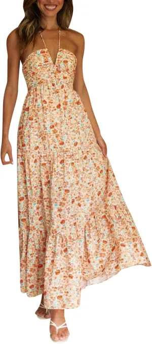 Eduavar Maxi Dresses for Women Summer, Bohemian Dresses for Women Sexy Halter Neck Off Shoulder Floral Print Long Dress