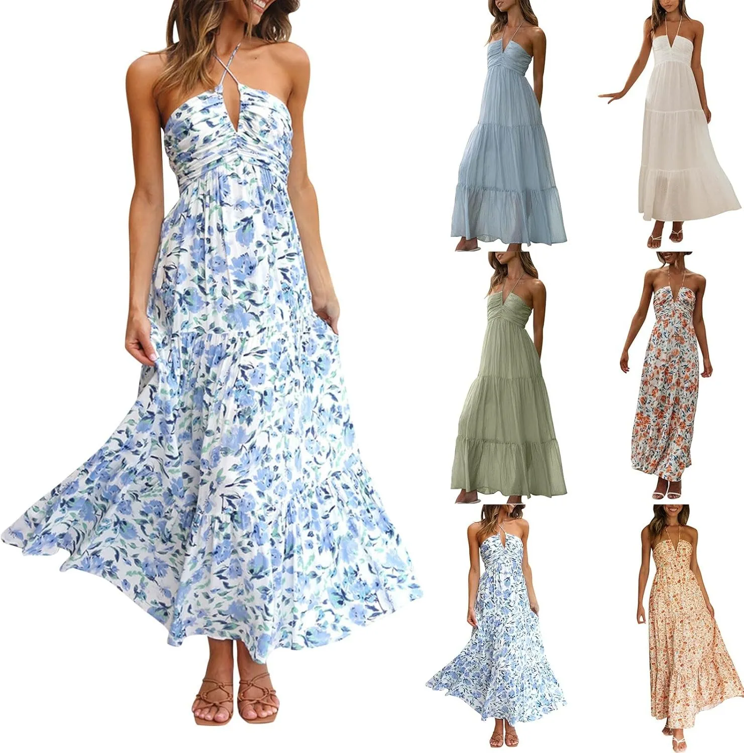 Eduavar Maxi Dresses for Women Summer, Bohemian Dresses for Women Sexy Halter Neck Off Shoulder Floral Print Long Dress