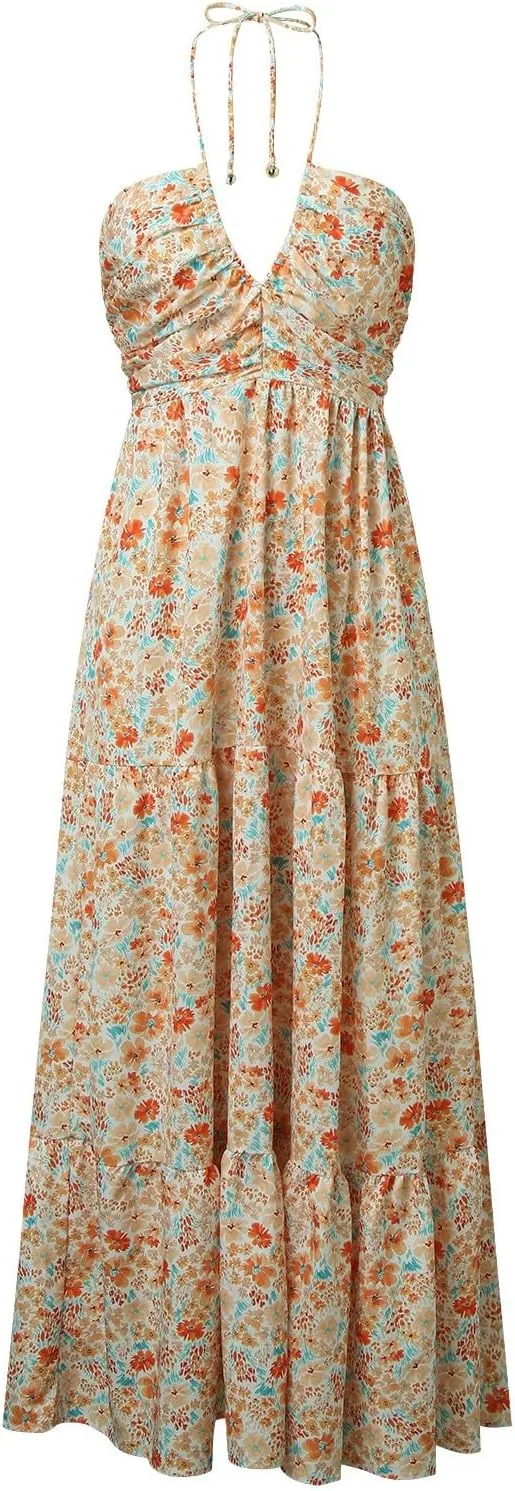 Eduavar Maxi Dresses for Women Summer, Bohemian Dresses for Women Sexy Halter Neck Off Shoulder Floral Print Long Dress