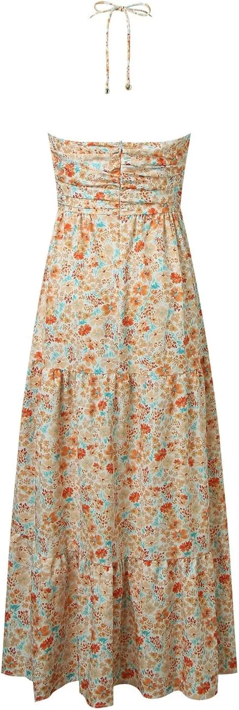 Eduavar Maxi Dresses for Women Summer, Bohemian Dresses for Women Sexy Halter Neck Off Shoulder Floral Print Long Dress
