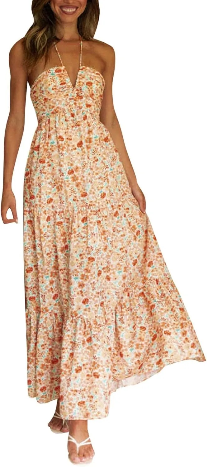 Eduavar Maxi Dresses for Women Summer, Bohemian Dresses for Women Sexy Halter Neck Off Shoulder Floral Print Long Dress