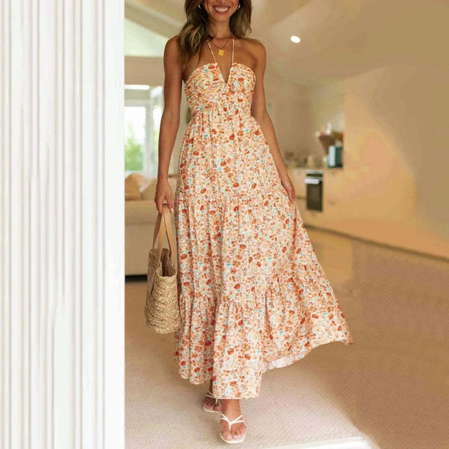 Eduavar Maxi Dresses for Women Summer, Bohemian Dresses for Women Sexy Halter Neck Off Shoulder Floral Print Long Dress