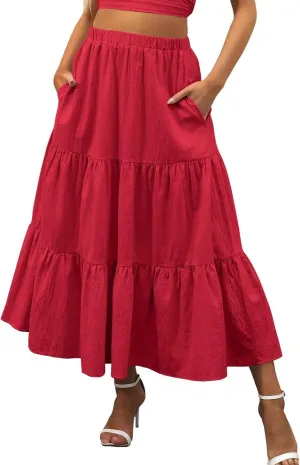 Elastic Swing with Pockets Womens Boho Summer A-Line Tiered Beach Pleated Flowy Dress Long Sheer Skirt Mini (Red, S)