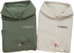 Embroidered Roman Numeral Hoodie, Personalized Matching Wedding Date Couple Hoodie, Couple Sweatshirt Initial On Sleeve, Valentines Day Gift, Anniversary Year Gift For Girlfriend Boyfriend
