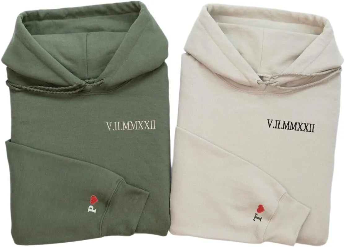 Embroidered Roman Numeral Hoodie, Personalized Matching Wedding Date Couple Hoodie, Couple Sweatshirt Initial On Sleeve, Valentines Day Gift, Anniversary Year Gift For Girlfriend Boyfriend