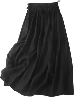 Embroidery Maxi Skirts for Women with Pockets Midi Length Long Skirt Casual Beach Party Holiday Cotton Linen Skirt