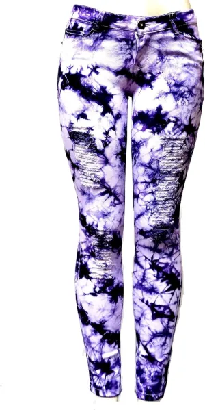 Emperial Tie Dye Premium Distressed MID-Rise Women's Juniors Skinny Leg Denim Jeans