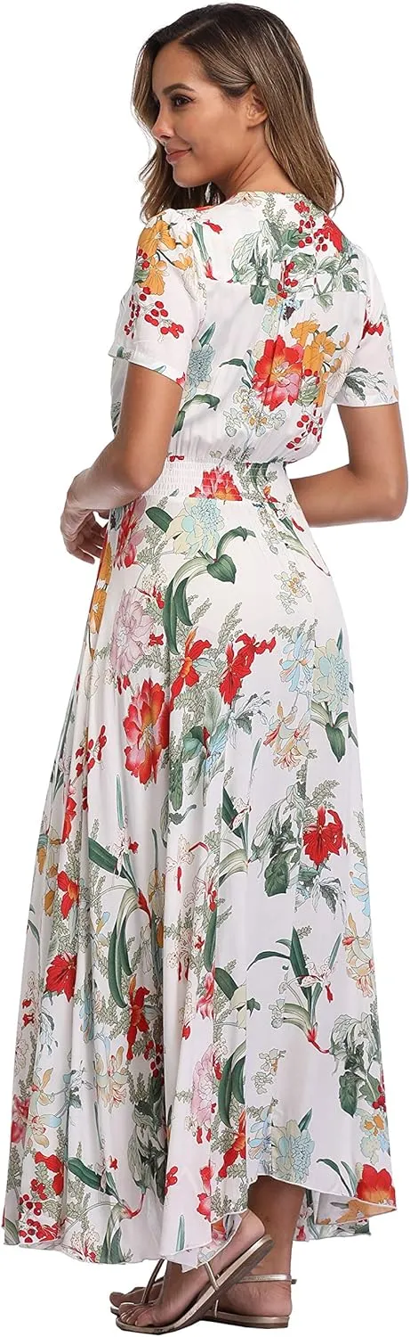 Ferrendo Women's Floral Maxi Dress Button Up Split Flowy Bohemian Party Beach Dresses