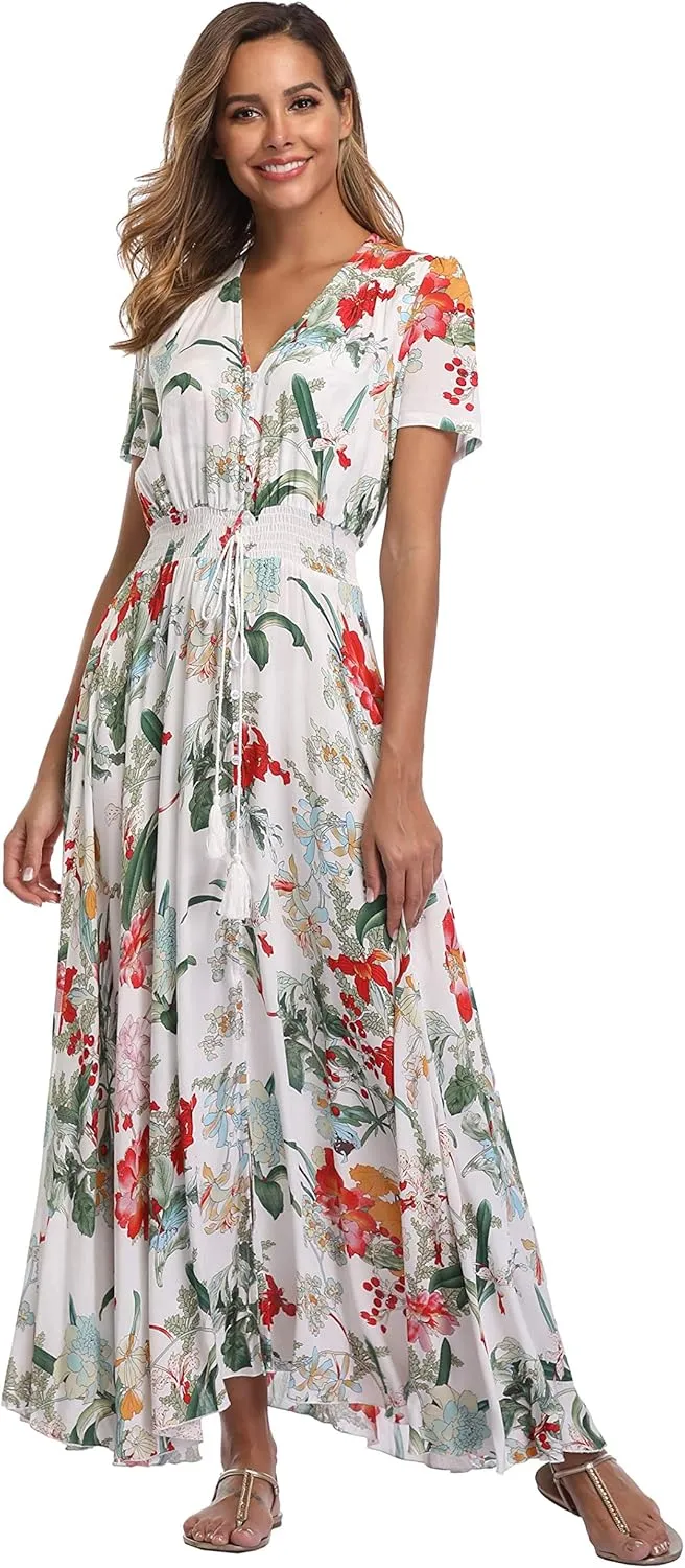 Ferrendo Women's Floral Maxi Dress Button Up Split Flowy Bohemian Party Beach Dresses
