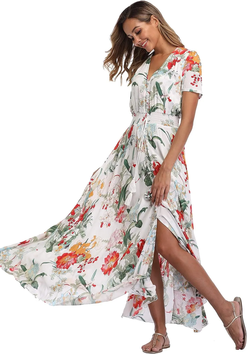 Ferrendo Women's Floral Maxi Dress Button Up Split Flowy Bohemian Party Beach Dresses