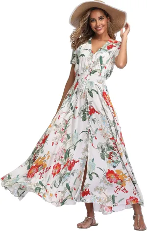 Ferrendo Women's Floral Maxi Dress Button Up Split Flowy Bohemian Party Beach Dresses