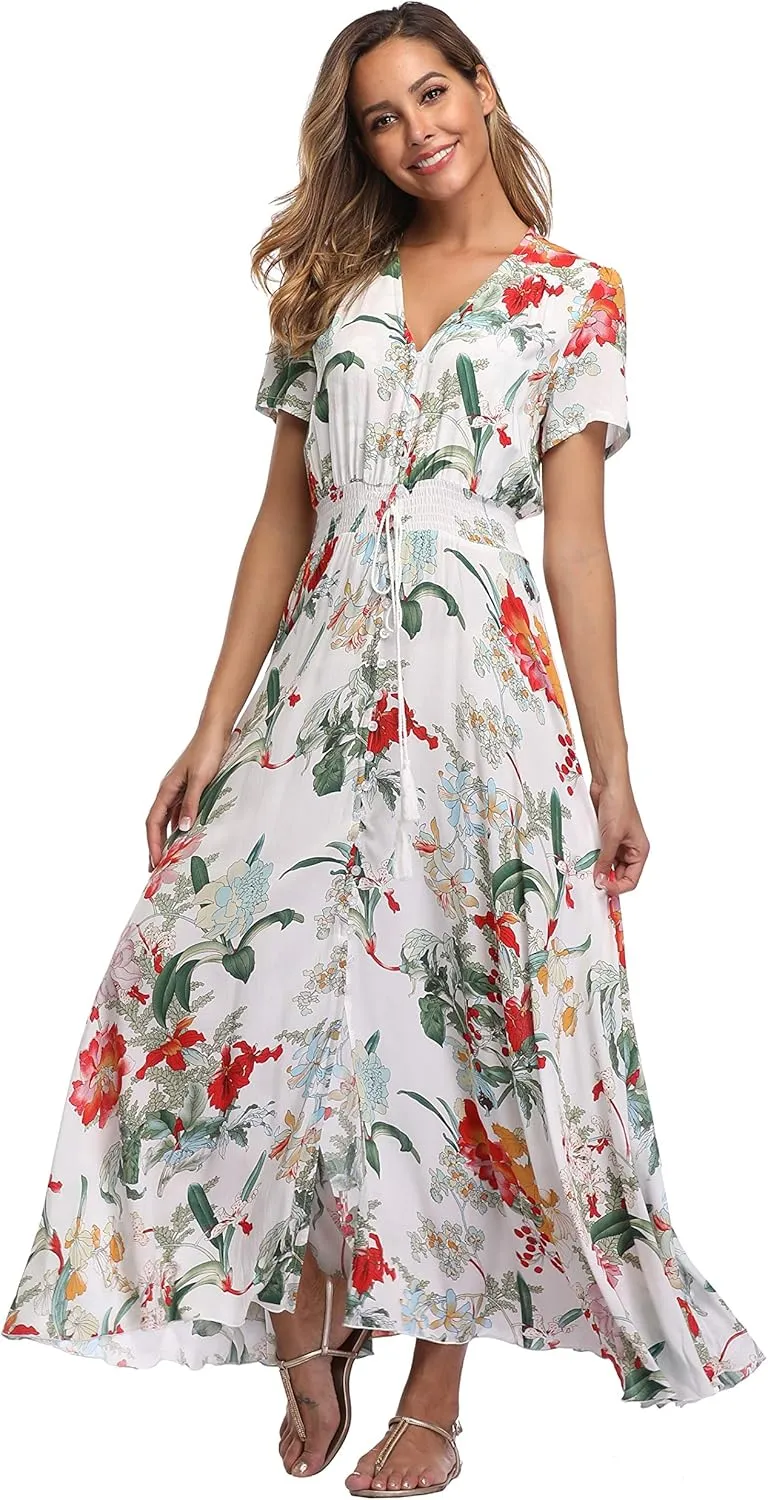 Ferrendo Women's Floral Maxi Dress Button Up Split Flowy Bohemian Party Beach Dresses