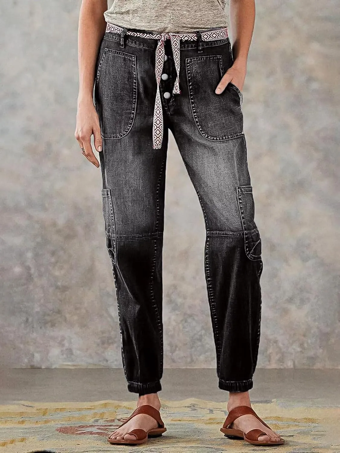 Flamingals Straight Leg Button Fly Jeans for Women Multi Pocket Mid Rise Jeans Without Belt Denim Pants