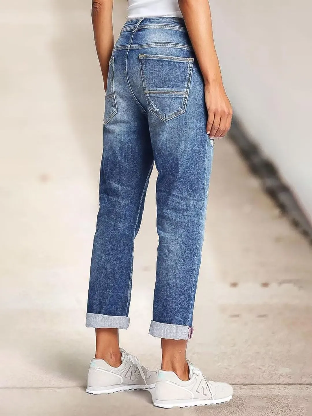 Flamingals Straight Leg Mid Rise Boyfriend Ripped Roll Hem Denim Jeans