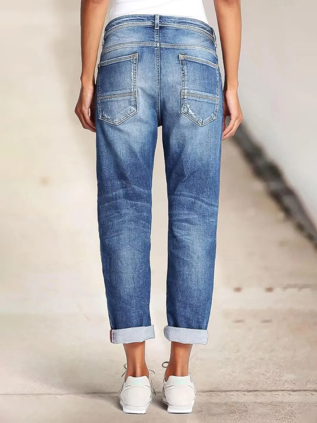 Flamingals Straight Leg Mid Rise Boyfriend Ripped Roll Hem Denim Jeans