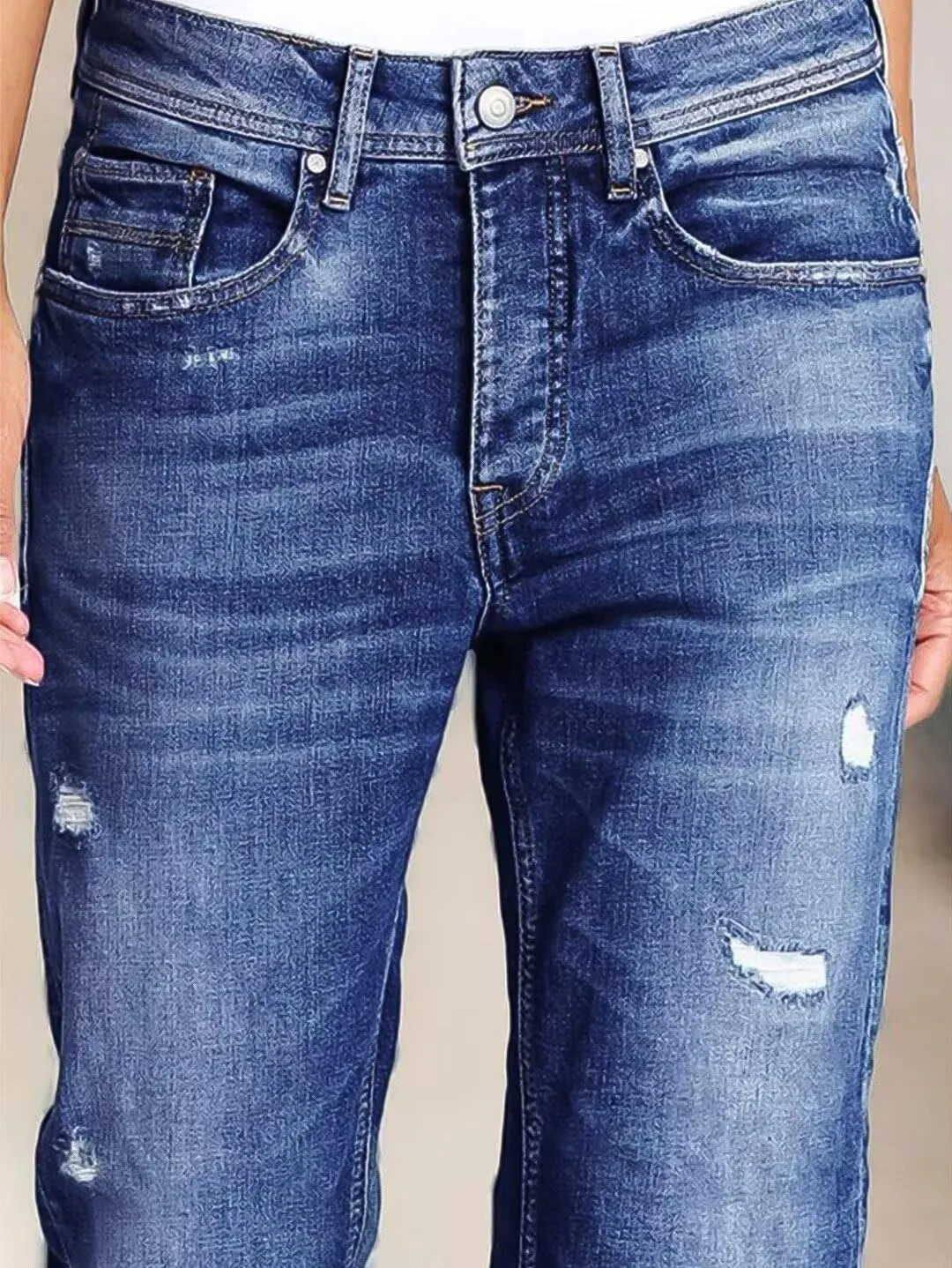 Flamingals Straight Leg Mid Rise Boyfriend Ripped Roll Hem Denim Jeans