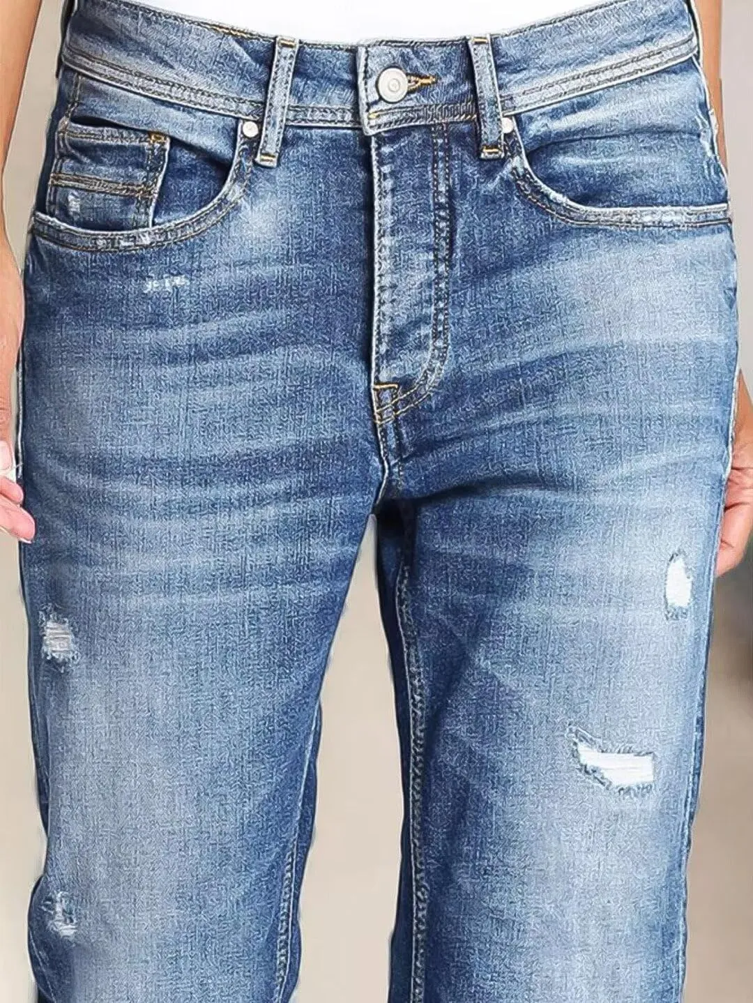 Flamingals Straight Leg Mid Rise Boyfriend Ripped Roll Hem Denim Jeans