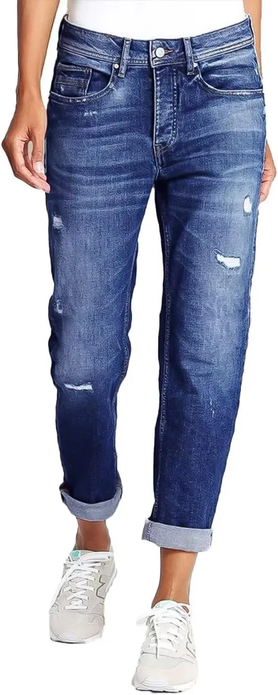 Flamingals Straight Leg Mid Rise Boyfriend Ripped Roll Hem Denim Jeans