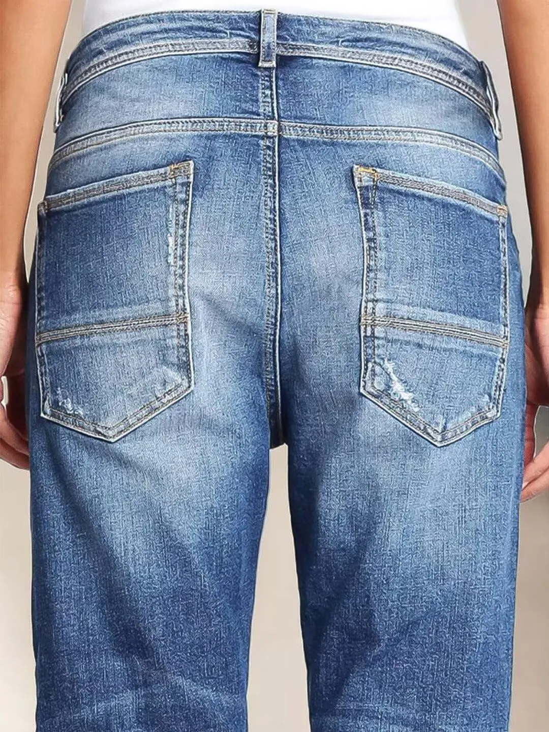 Flamingals Straight Leg Mid Rise Boyfriend Ripped Roll Hem Denim Jeans