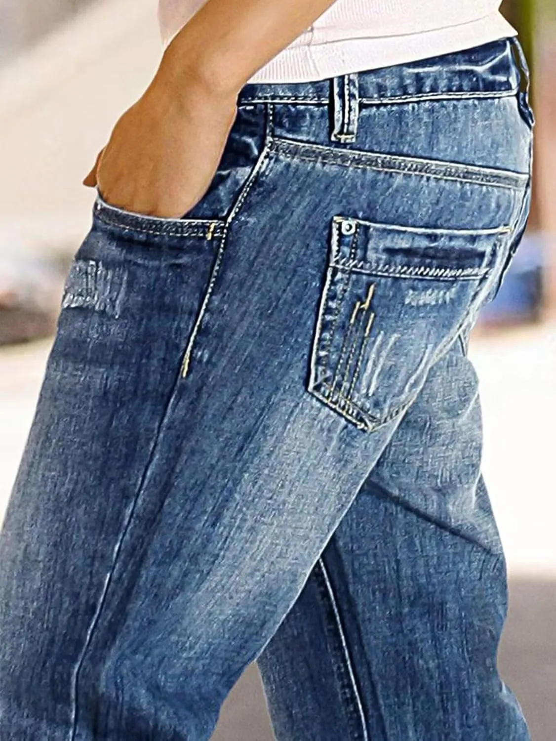 Flamingals Women's Straight Leg Mid Rise Vintage Wash Ripped Distressed Denim Jeans with Pockets