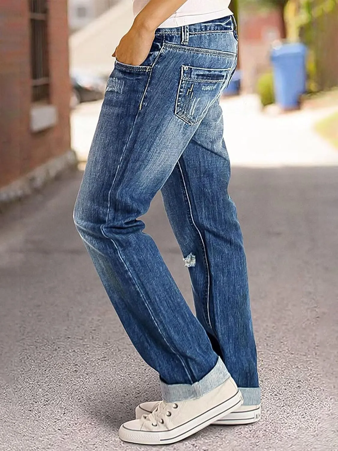 Flamingals Women's Straight Leg Mid Rise Vintage Wash Ripped Distressed Denim Jeans with Pockets