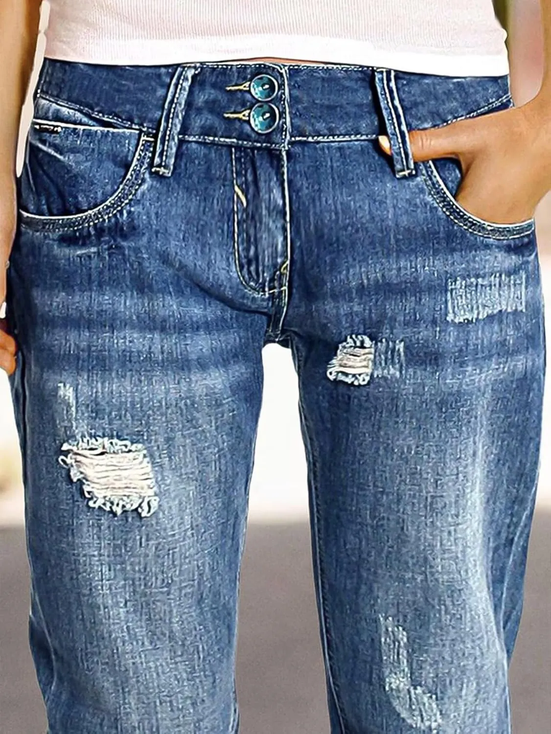 Flamingals Women's Straight Leg Mid Rise Vintage Wash Ripped Distressed Denim Jeans with Pockets