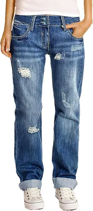 Flamingals Women's Straight Leg Mid Rise Vintage Wash Ripped Distressed Denim Jeans with Pockets