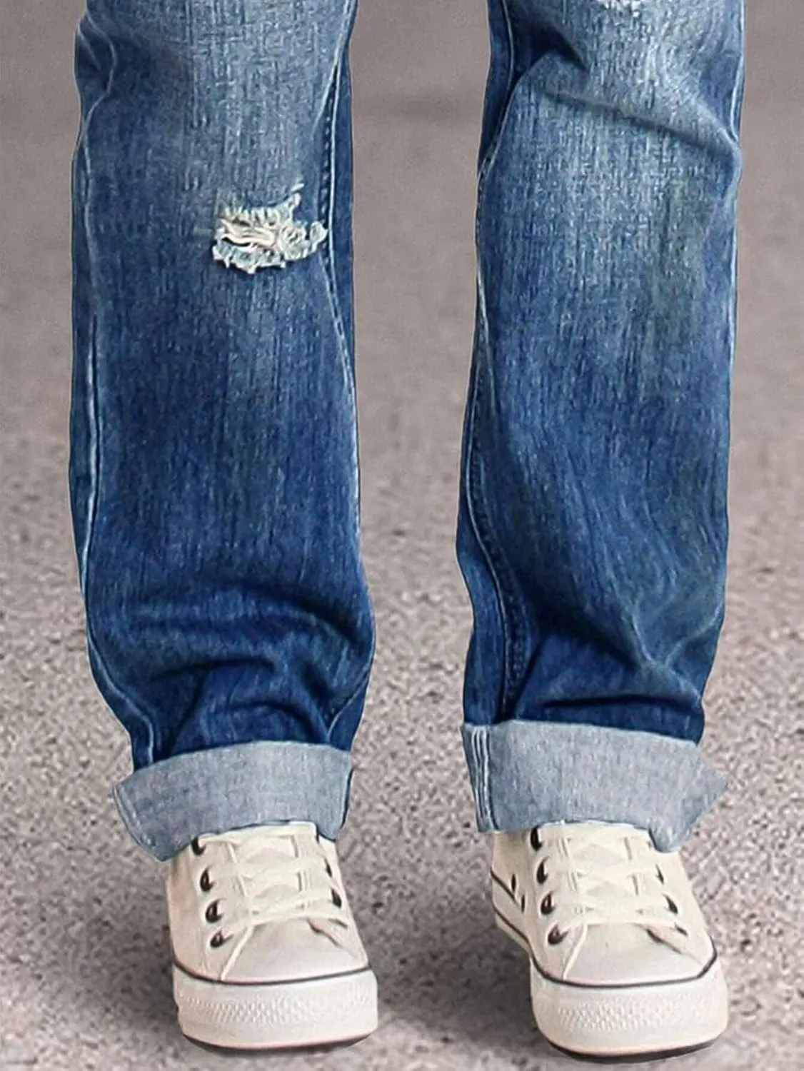 Flamingals Women's Straight Leg Mid Rise Vintage Wash Ripped Distressed Denim Jeans with Pockets