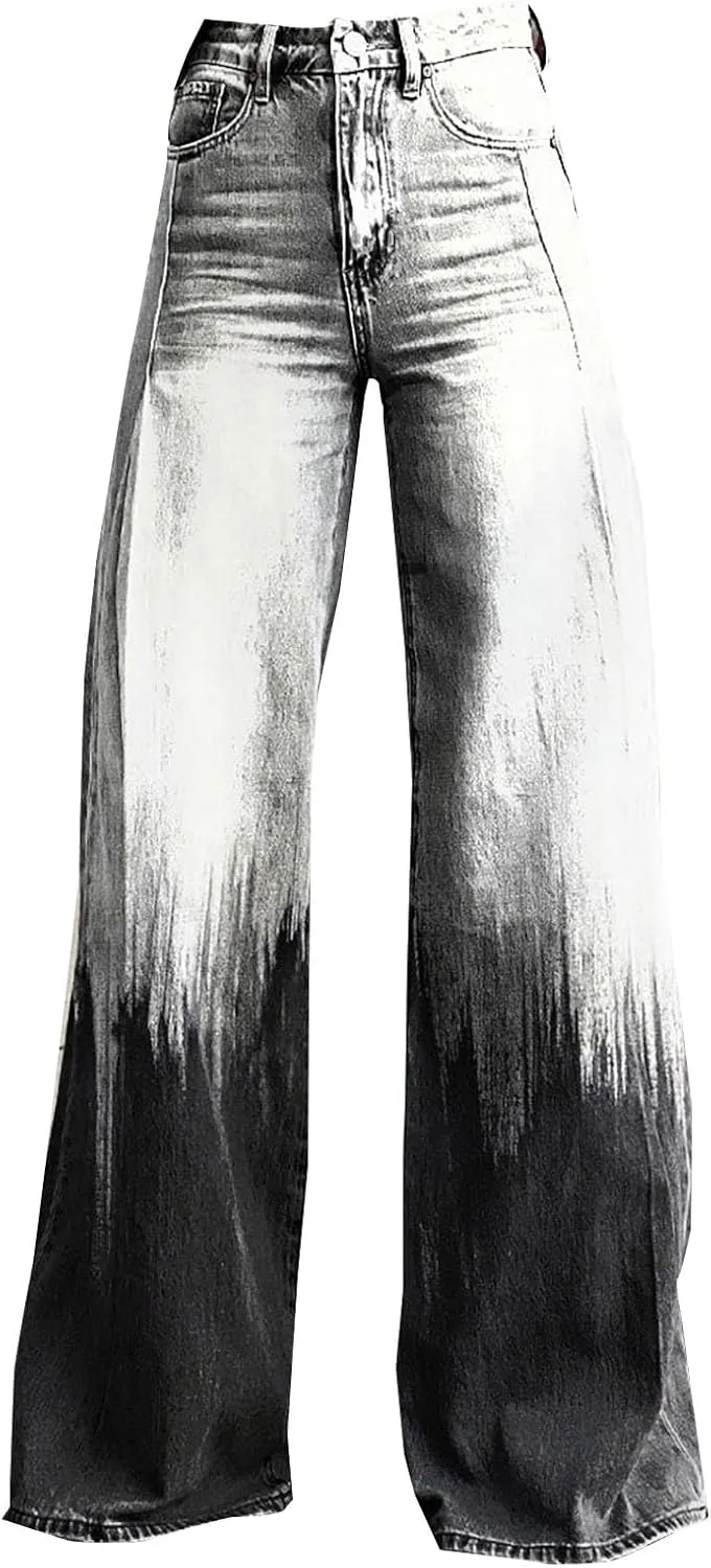 Flare Jeans for Women Wide Leg Jeans 2025 Woman Vintage Floral Print High Waisted Straight Stretch Pants with Pocket