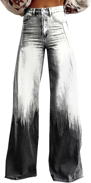 Flare Jeans for Women Wide Leg Jeans 2025 Woman Vintage Floral Print High Waisted Straight Stretch Pants with Pocket