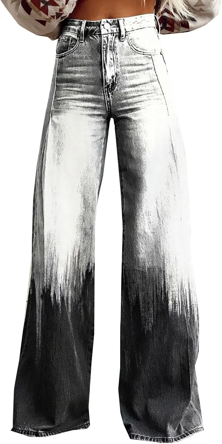 Flare Jeans for Women Wide Leg Jeans 2025 Woman Vintage Floral Print High Waisted Straight Stretch Pants with Pocket