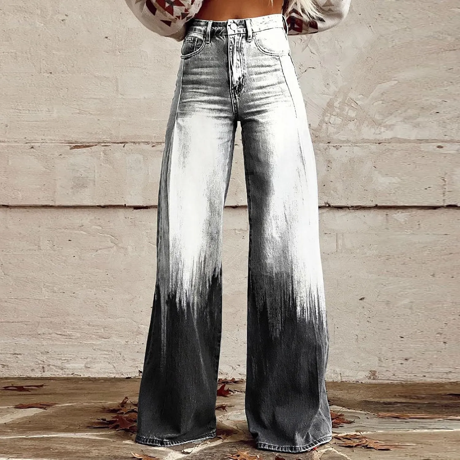 Flare Jeans for Women Wide Leg Jeans 2025 Woman Vintage Floral Print High Waisted Straight Stretch Pants with Pocket