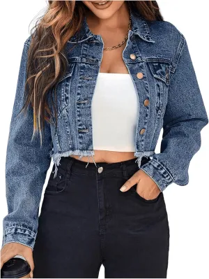 Floerns Women's Raw Hem Long Sleeve Button Down Pocket Cropped Denim Jean Jacket