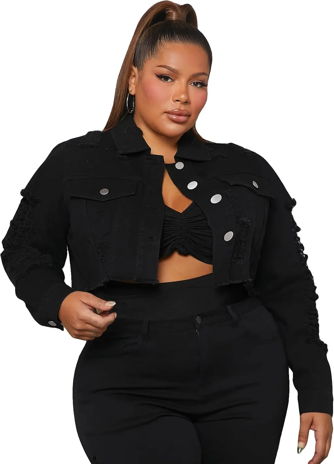 Floerns Women's Raw Hem Long Sleeve Button Down Pocket Cropped Denim Jean Jacket