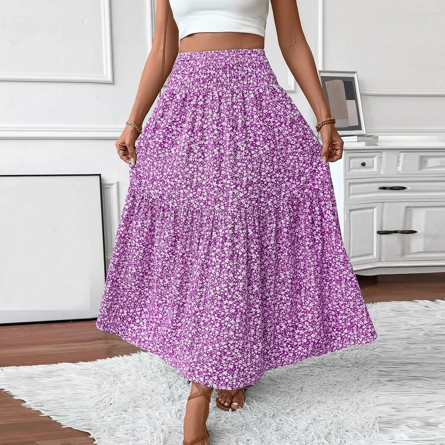 Floral Skirts for Women 2025 Boho Summer Maxi Skirts High Waisted Wrap Pleated Dresses Holiday Vacation Clothes
