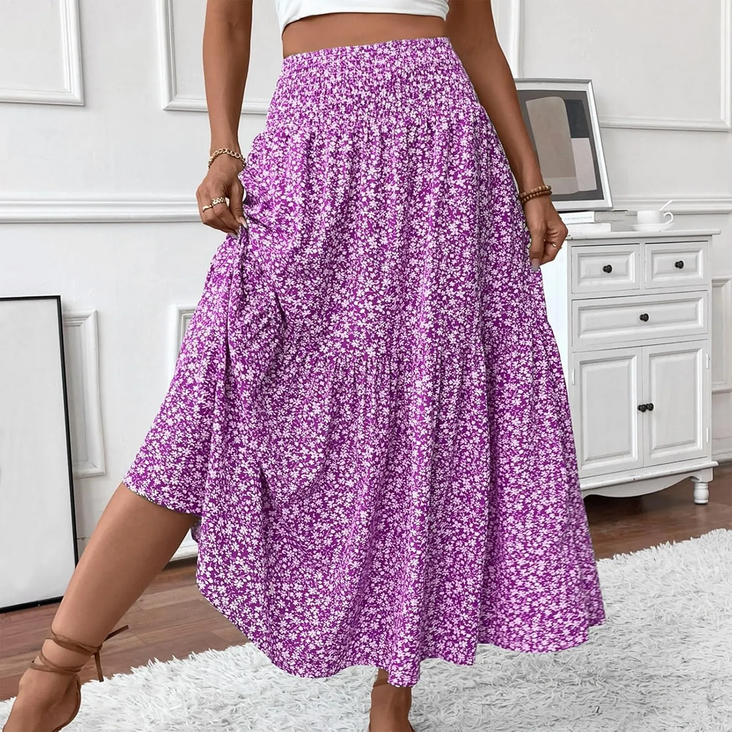 Floral Skirts for Women 2025 Boho Summer Maxi Skirts High Waisted Wrap Pleated Dresses Holiday Vacation Clothes