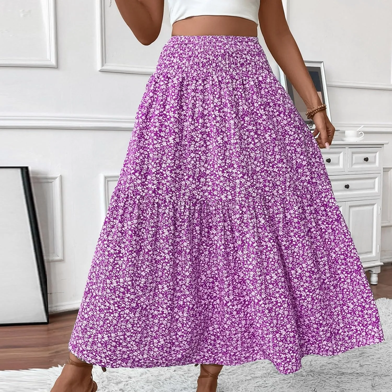 Floral Skirts for Women 2025 Boho Summer Maxi Skirts High Waisted Wrap Pleated Dresses Holiday Vacation Clothes