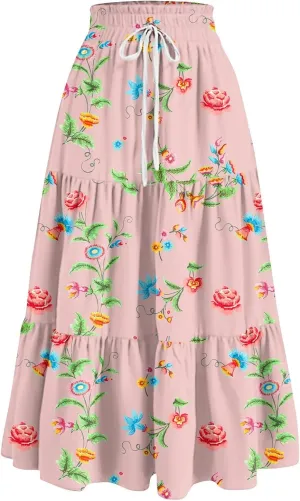 Floral Skirts for Women 2025 Summer High Waist Tiered Pleated Flowy Tiered A-Line Boho Long Maxi Skirts