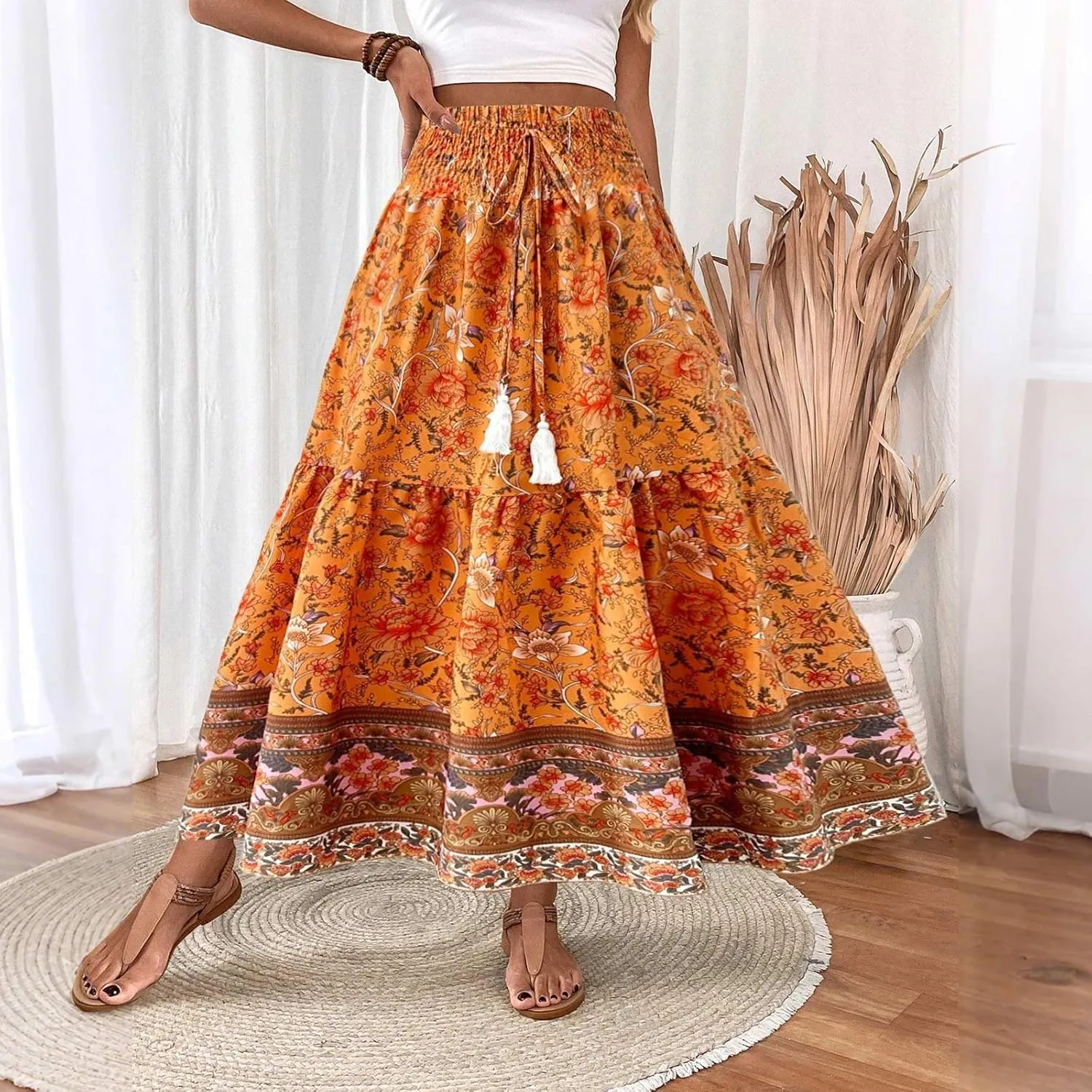Flowy Skirts for Women Ruffled Retro Printed High Waist Pleated Skirts Loose Hem Casual Boho Skirt