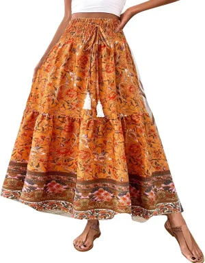 Flowy Skirts for Women Ruffled Retro Printed High Waist Pleated Skirts Loose Hem Casual Boho Skirt