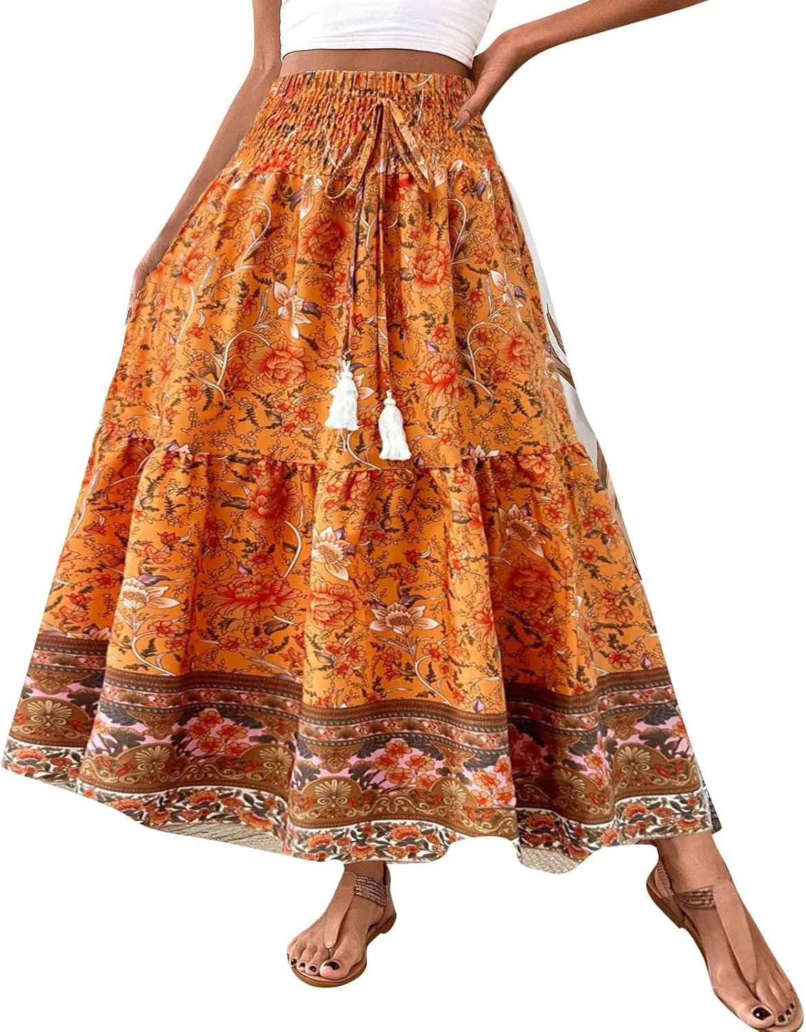 Flowy Skirts for Women Ruffled Retro Printed High Waist Pleated Skirts Loose Hem Casual Boho Skirt