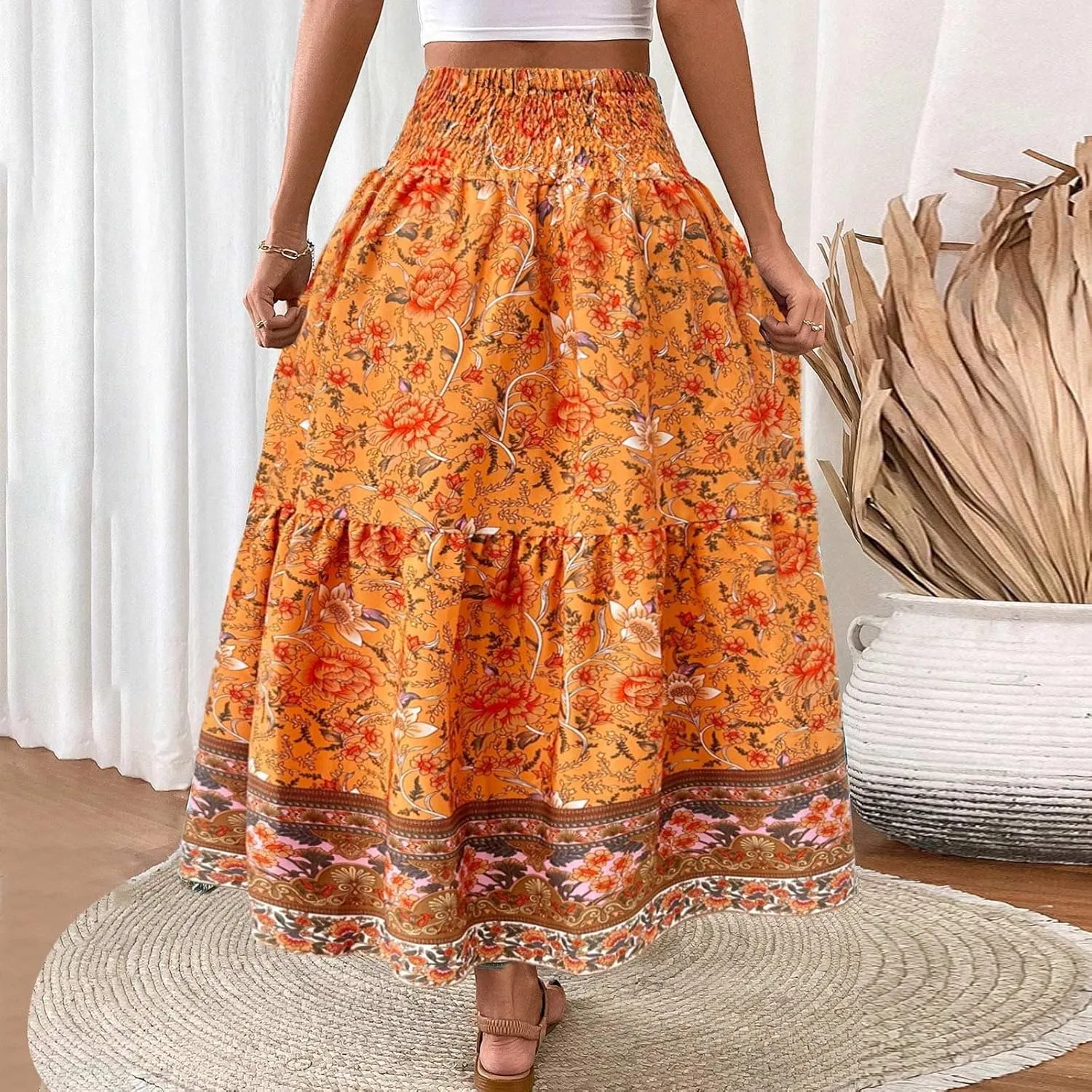 Flowy Skirts for Women Ruffled Retro Printed High Waist Pleated Skirts Loose Hem Casual Boho Skirt