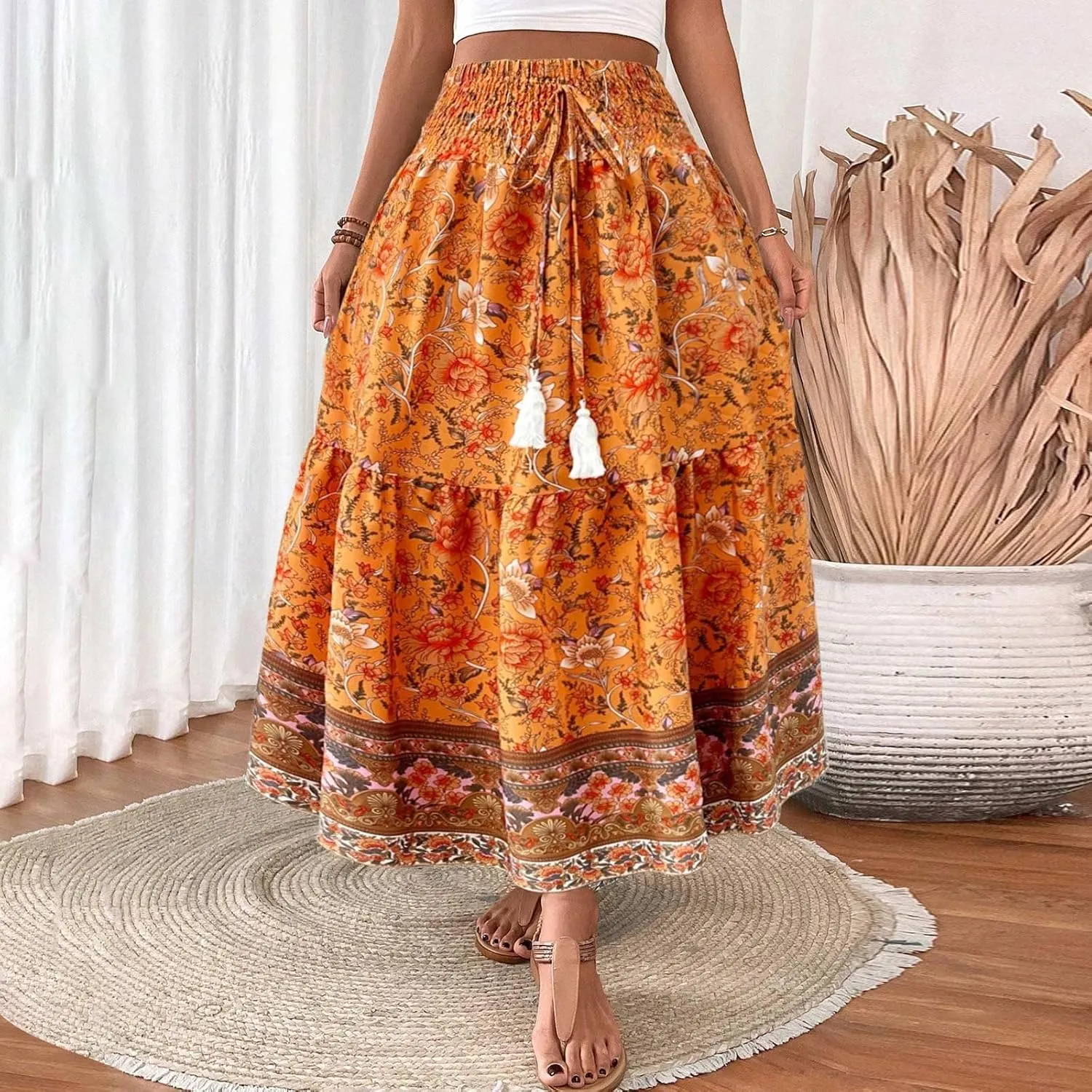 Flowy Skirts for Women Ruffled Retro Printed High Waist Pleated Skirts Loose Hem Casual Boho Skirt