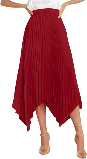 Flowy Skirts for Women Solid Color High Waist Pleated Irregular Hem A Line Swing Skirts Fashion Casual Skirt