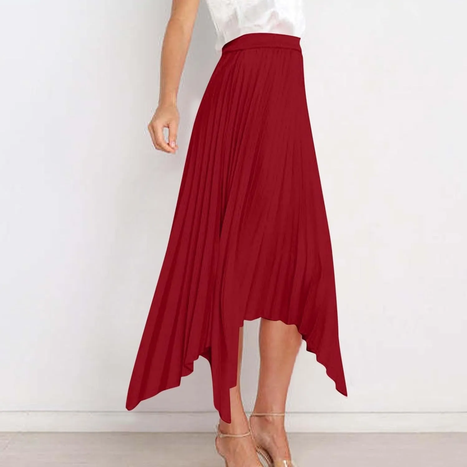 Flowy Skirts for Women Solid Color High Waist Pleated Irregular Hem A Line Swing Skirts Fashion Casual Skirt